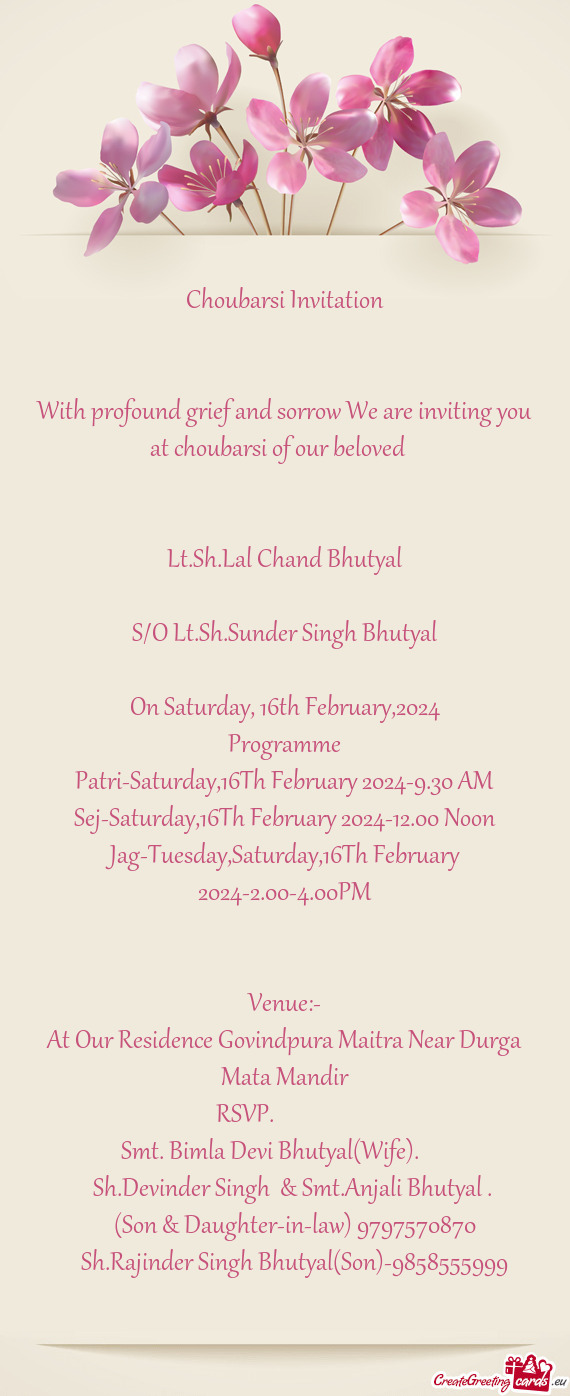 With profound grief and sorrow We are inviting you at choubarsi of our beloved