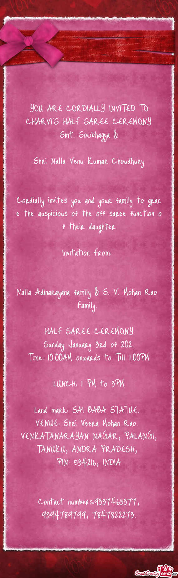 YOU ARE CORDIALLY INVITED TO CHARVI