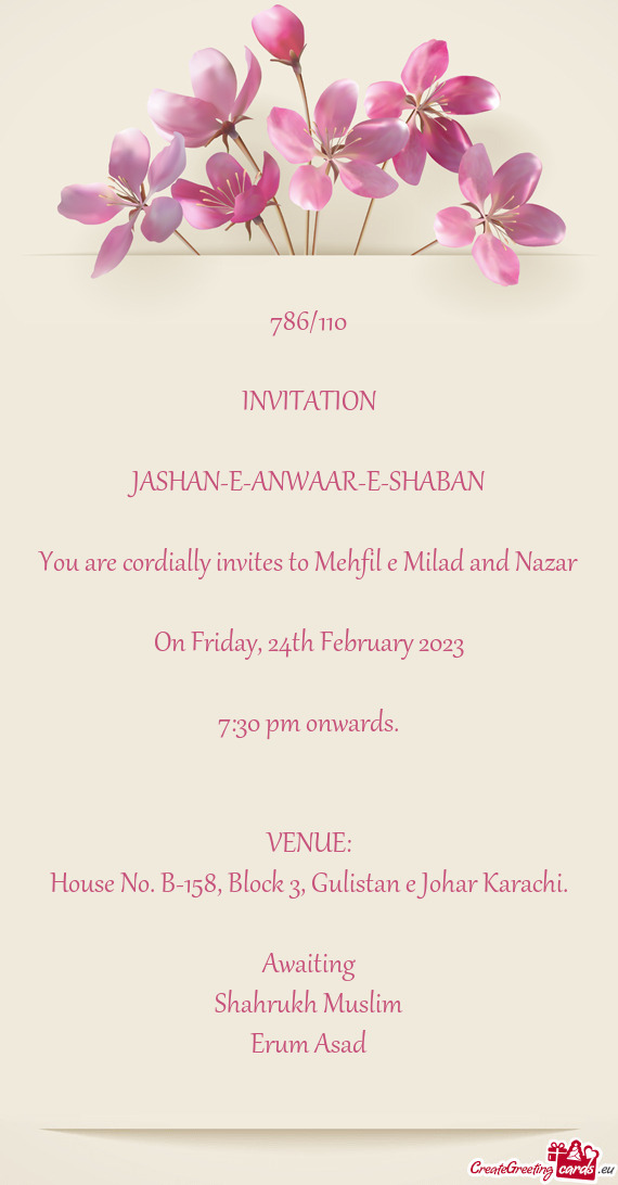 You are cordially invites to Mehfil e Milad and Nazar