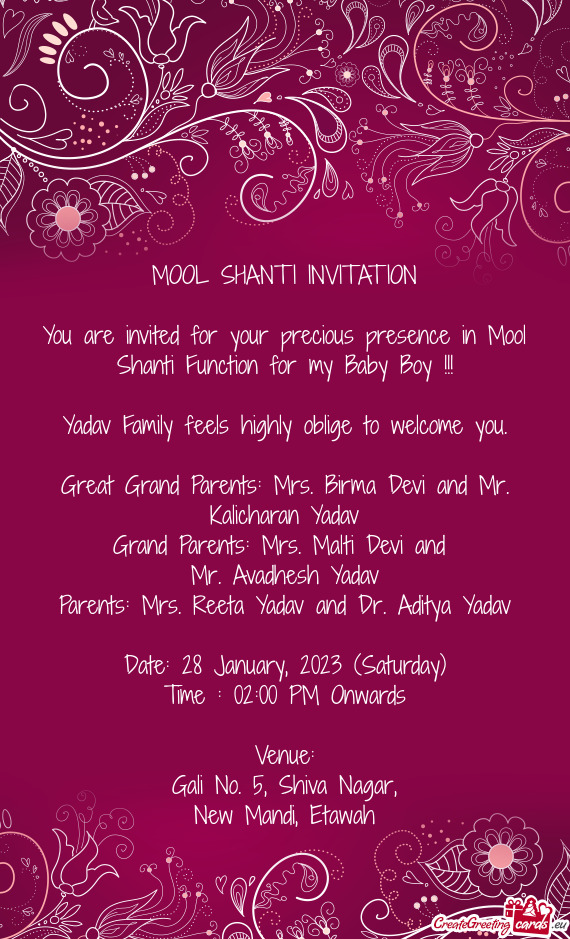 You are invited for your precious presence in Mool Shanti Function for my Baby Boy
