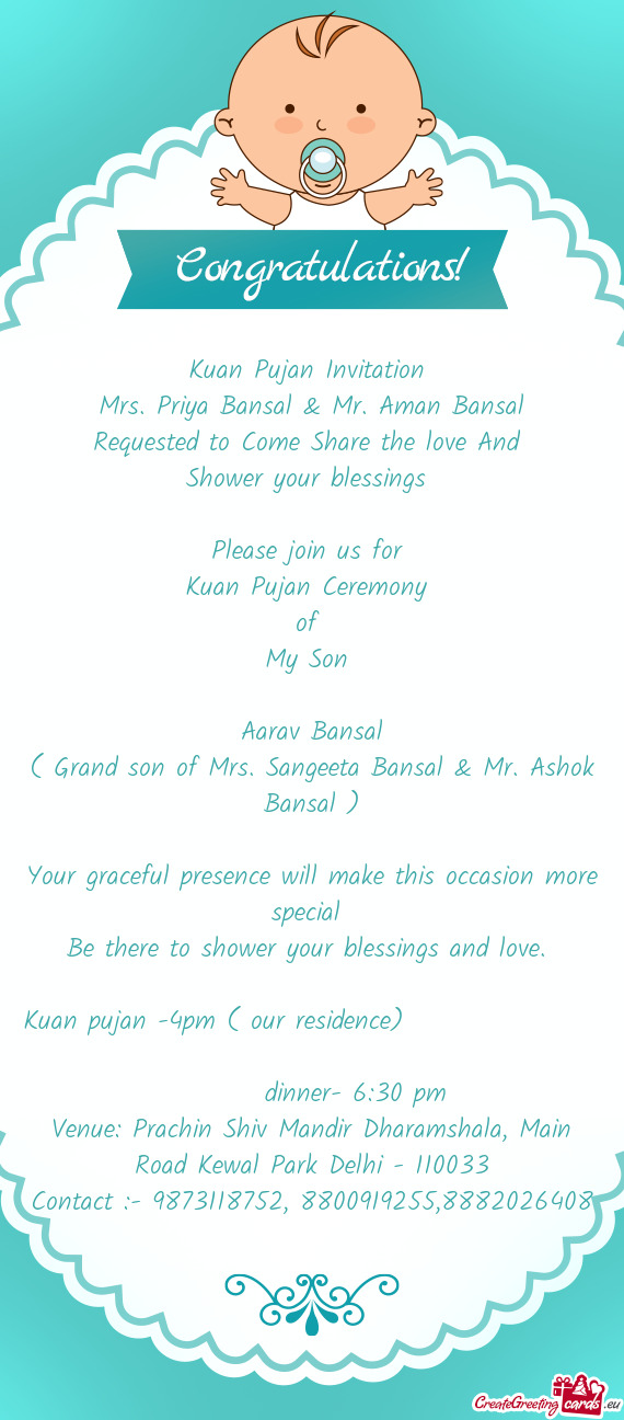 ( Grand son of Mrs. Sangeeta Bansal & Mr. Ashok Bansal )
