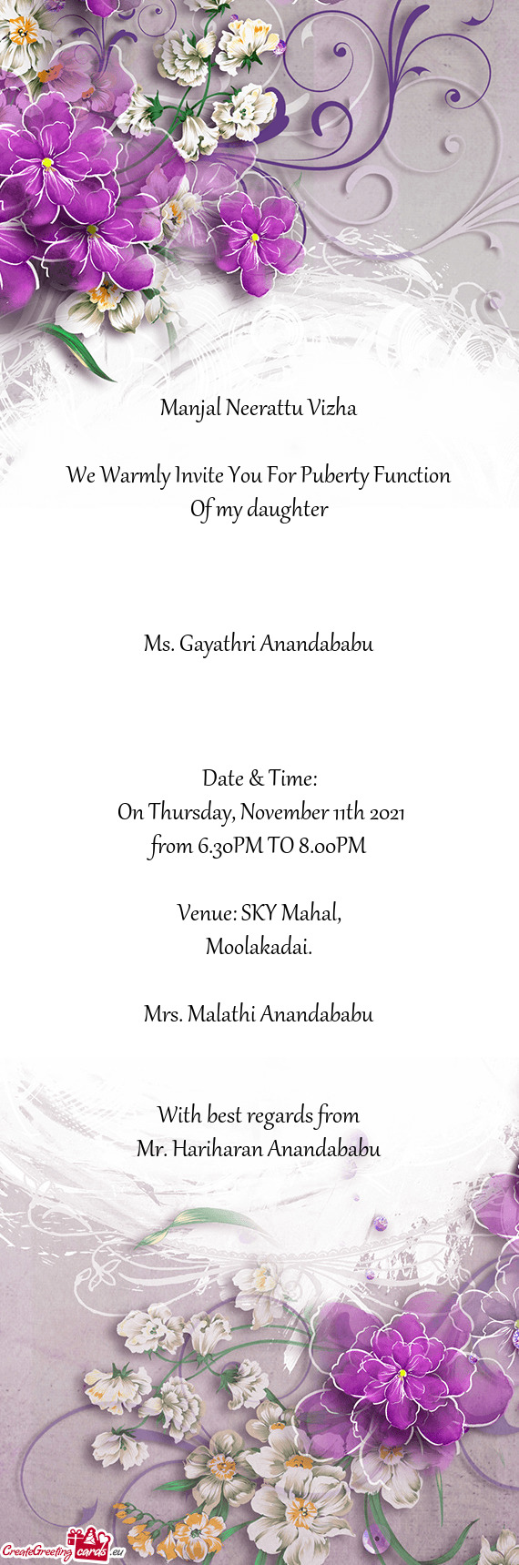 Manjal Neerattu Vizha Invitation In English