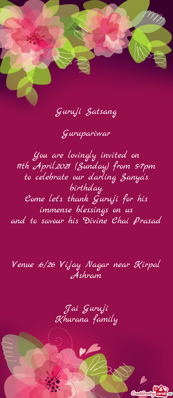 11th April,2021 (Sunday) from 5-7pm