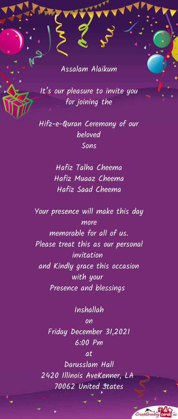 Hifz-e-Quran Ceremony of our beloved - Free cards