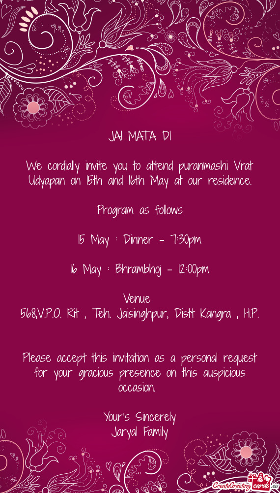15 May : Dinner - 7:30pm