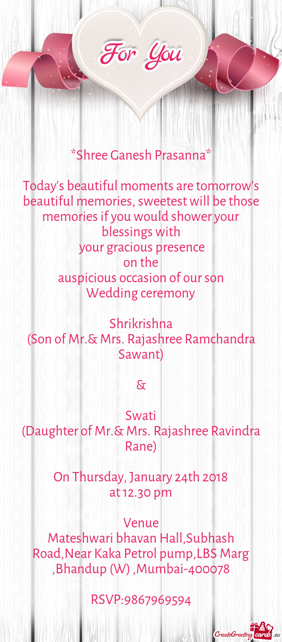 (Son of Mr.& Mrs. Rajashree Ramchandra Sawant) - Free cards