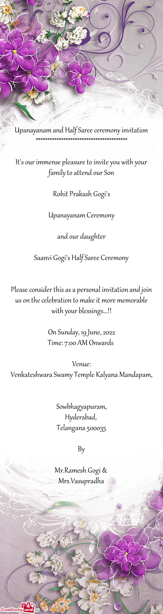 Upanayanam and Half Saree ceremony invitation - Free cards