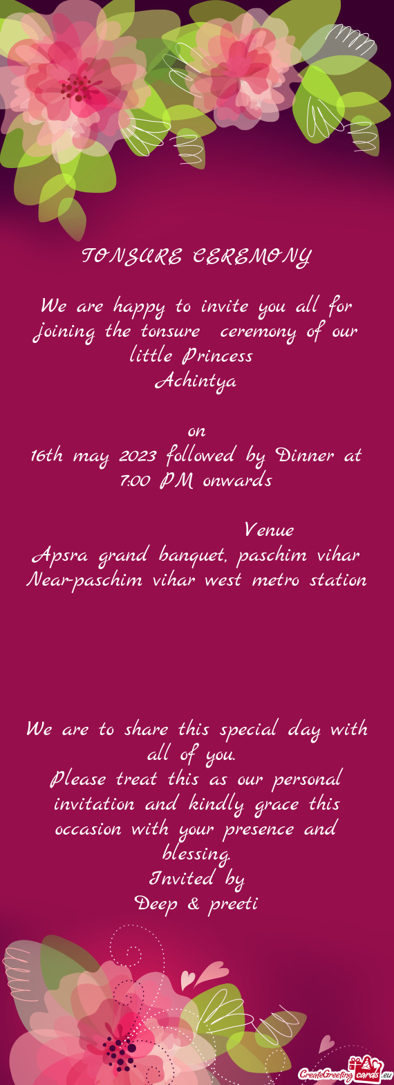 16th may 2023 followed by Dinner at 7:00 PM onwards