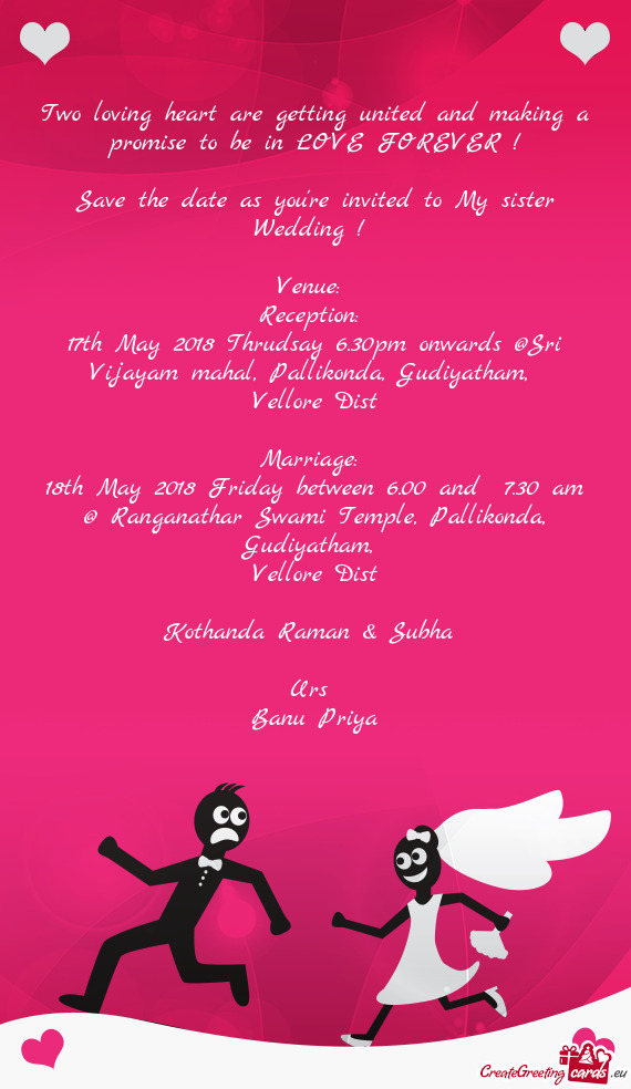 17th May 2018 Thrudsay 6.30pm onwards @Sri Vijayam mahal, Pallikonda, Gudiyatham