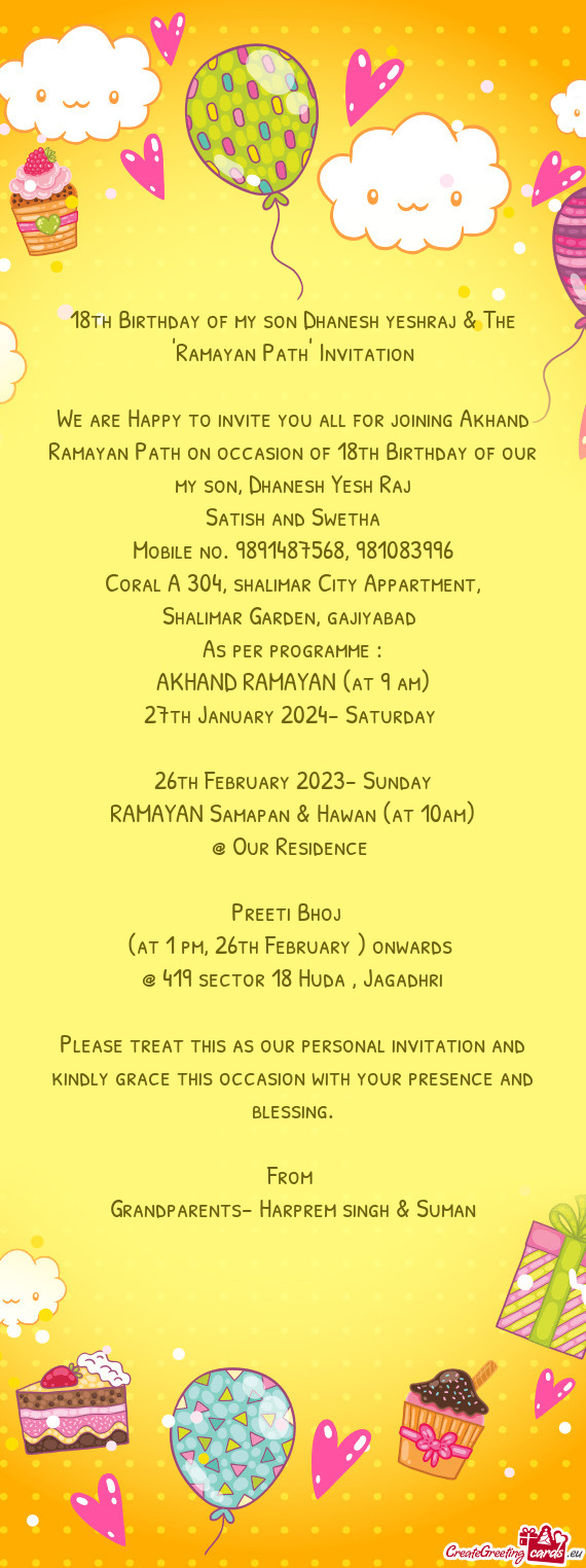 18th Birthday of my son Dhanesh yeshraj & The "Ramayan Path" Invitation