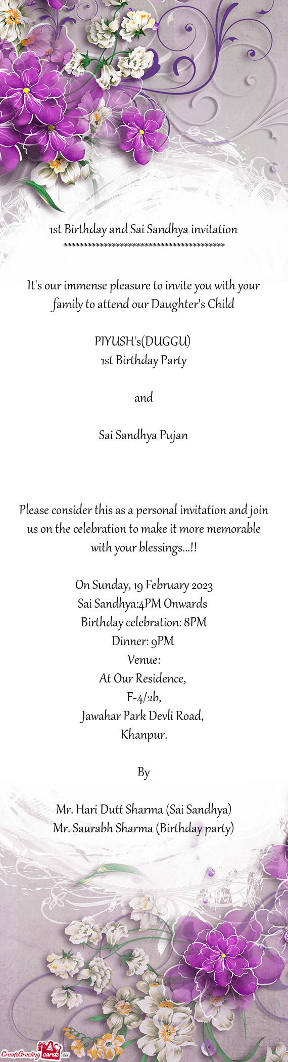 1st Birthday and Sai Sandhya invitation