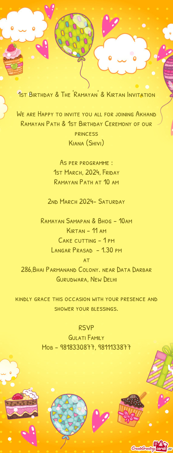 1st Birthday & The "Ramayan" & Kirtan Invitation