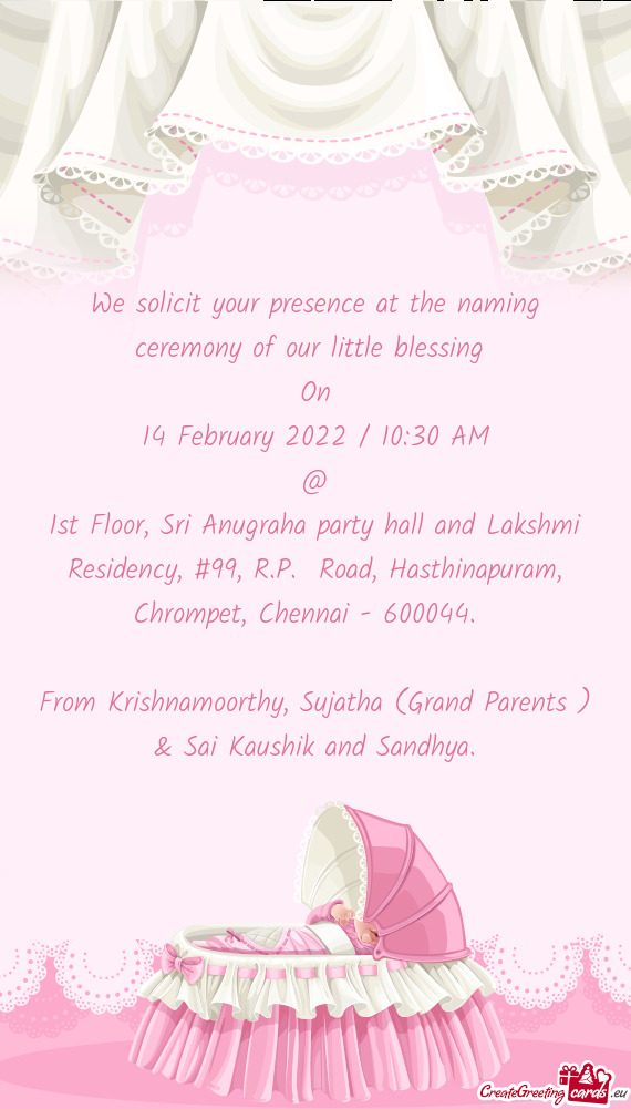 1st Floor, Sri Anugraha party hall and Lakshmi Residency, #99, R.P. Road, Hasthinapuram, Chrompet