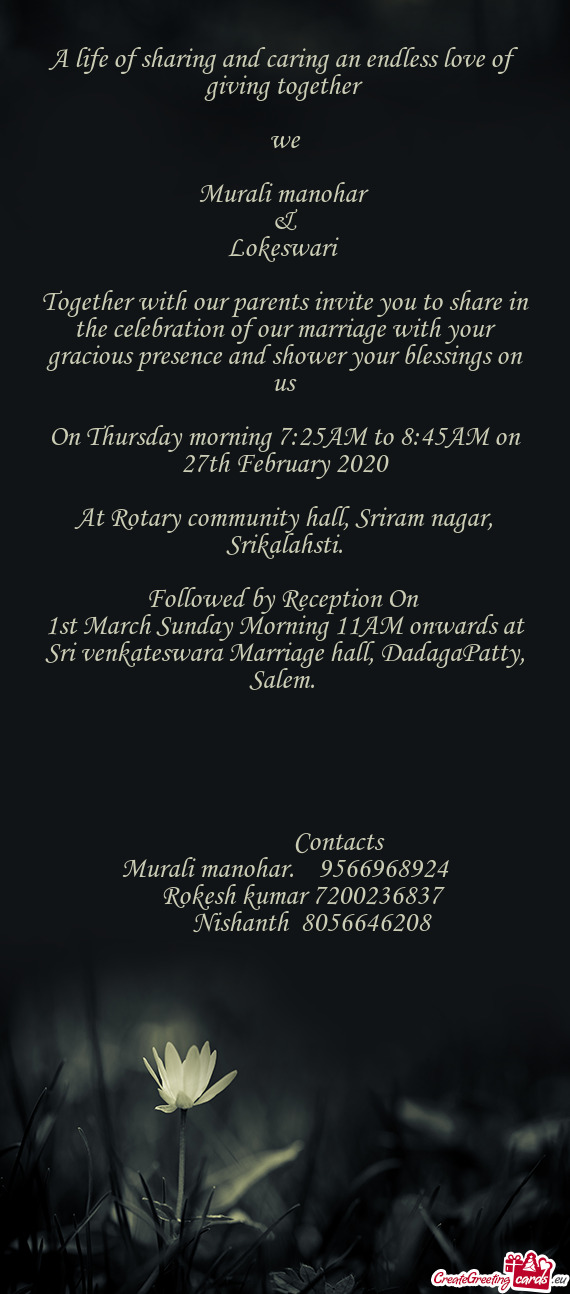 1st March Sunday Morning 11AM onwards at Sri venkateswara Marriage hall, DadagaPatty, Salem