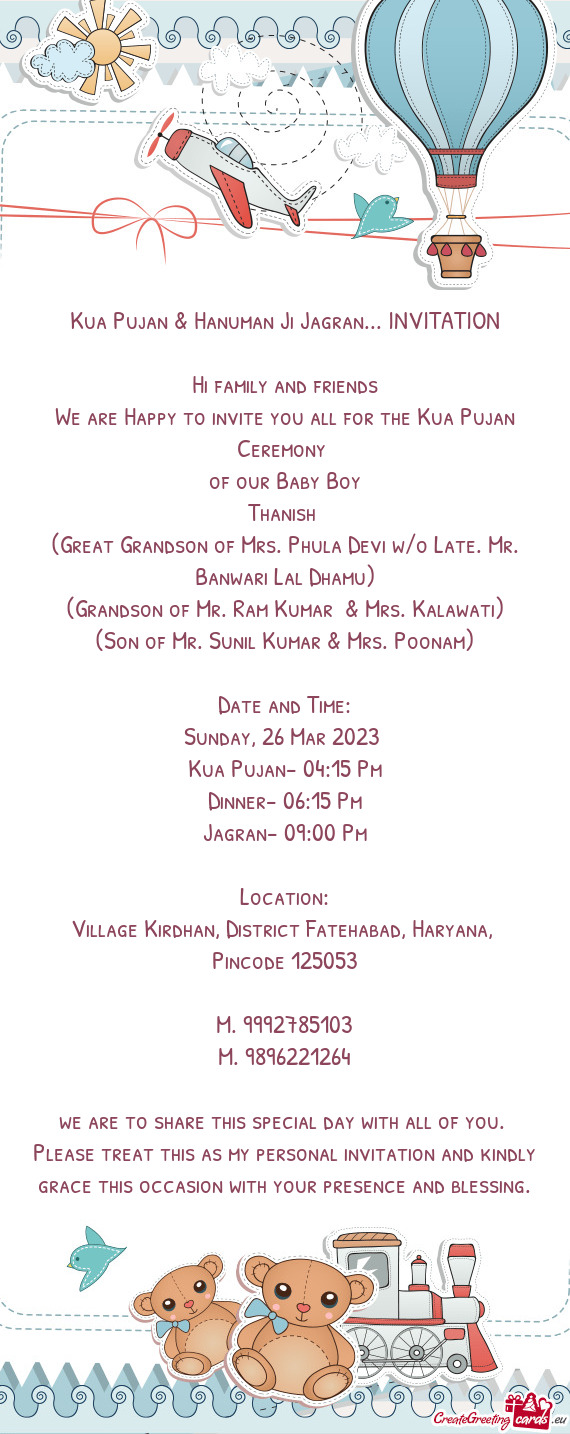 Kua Pujan & Hanuman Ji Jagran... INVITATION - Free cards