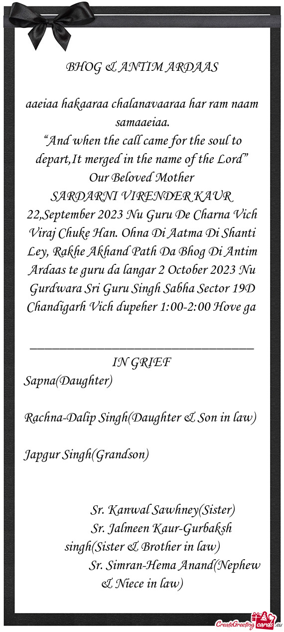 22,September 2023 Nu Guru De Charna Vich Viraj Chuke Han. Ohna Di Aatma Di Shanti Ley, Rakhe Akhand