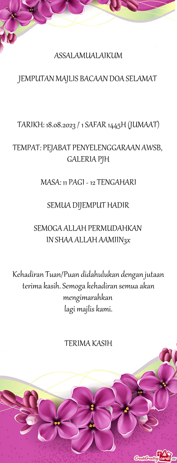 Jemputan Majlis Bacaan Doa Selamat Free Cards