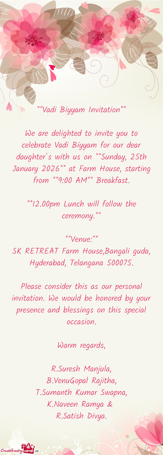 25th January 2026** at Farm House, starting from **9:00 AM** Breakfast