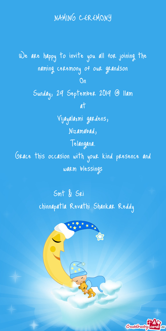 29 September 2019 @ 11am
 at
 Vijayalaxmi gardens