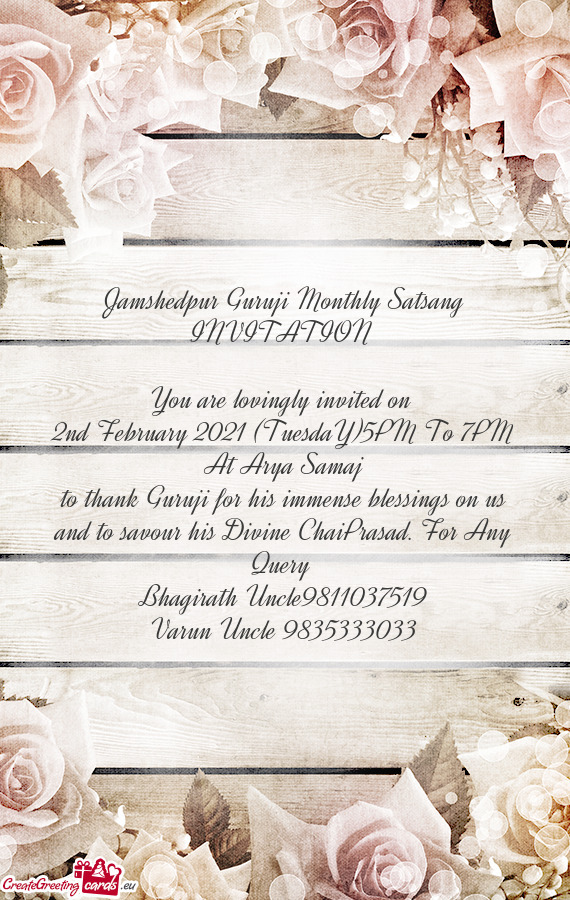 2nd February 2021 (TuesdaY)5PM To 7PM At Arya Samaj