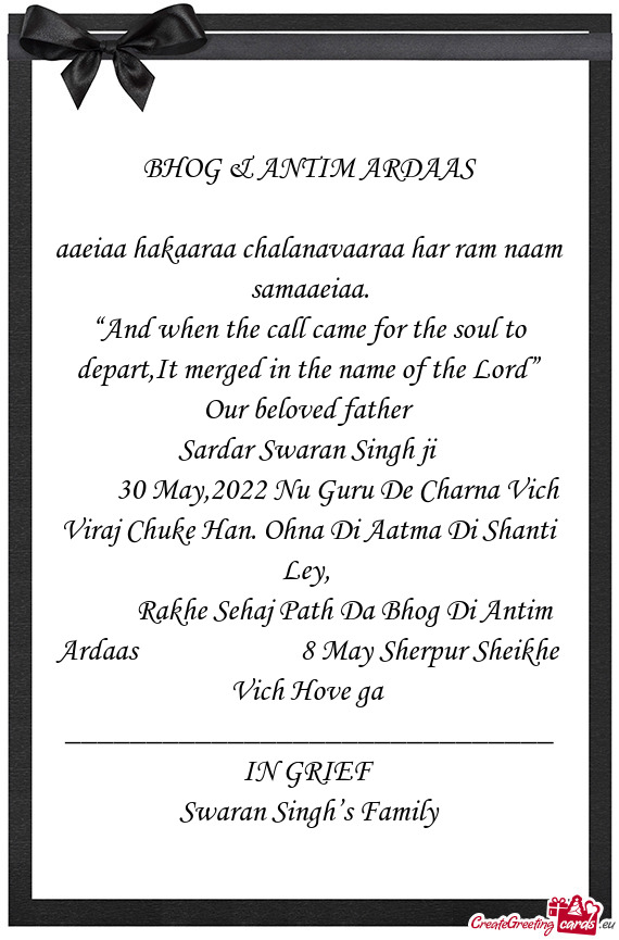 30 May,2022 Nu Guru De Charna Vich Viraj Chuke Han. Ohna Di Aatma Di Shanti Ley