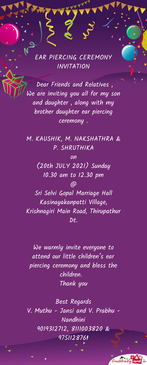 30 pm
 @
 Sri Selvi Gopal Marriage Hall
 Kasinayakanpatti Village