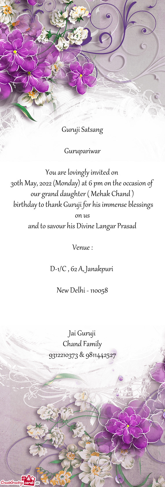30th May, 2022 (Monday) at 6 pm on the occasion of our grand daughter ( Mehak Chand )