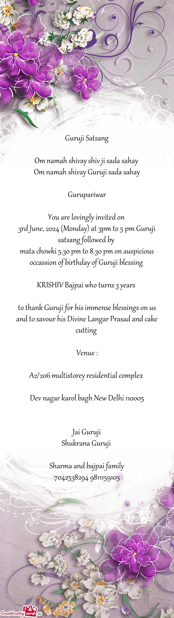 3rd June, 2024 (Monday) at 3pm to 5 pm Guruji satsang followed by