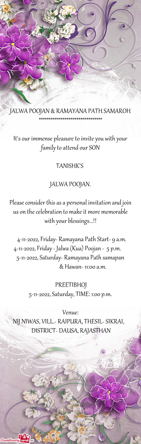 4-11-2022, Friday- Ramayana Path Start- 9 a.m. 4-11-2022, Friday - Jalwa (Kua) Poojan - 5 p.m