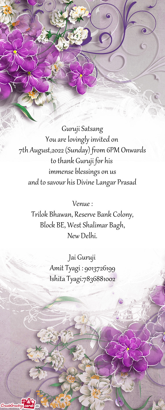 7th August,2022 (Sunday) from 6PM Onwards