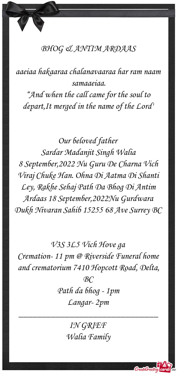 8 September,2022 Nu Guru De Charna Vich Viraj Chuke Han. Ohna Di Aatma Di Shanti Ley, Rakhe Sehaj Pa
