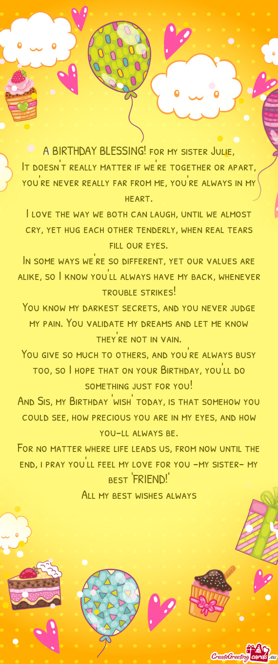 A BIRTHDAY BLESSING! for my sister Julie