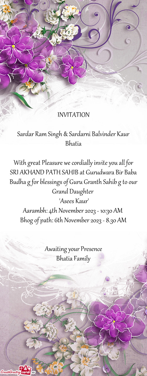 A g for blessings of Guru Granth Sahib g to our Grand Daughter