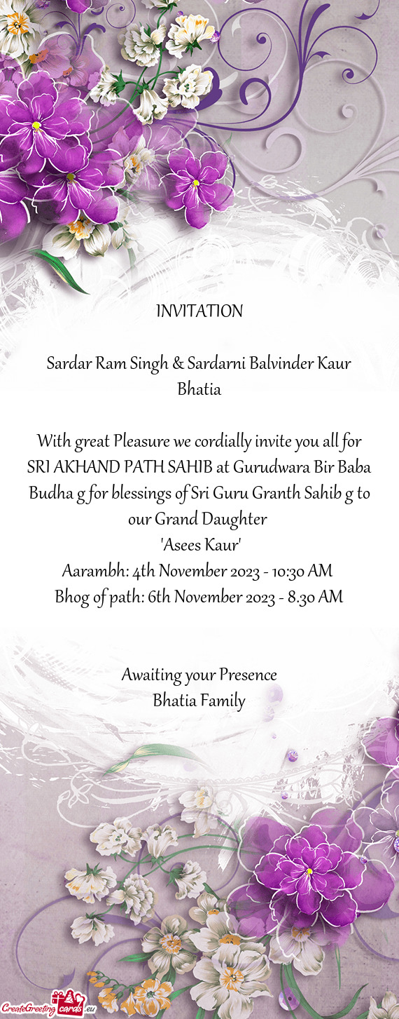 A g for blessings of Sri Guru Granth Sahib g to our Grand Daughter