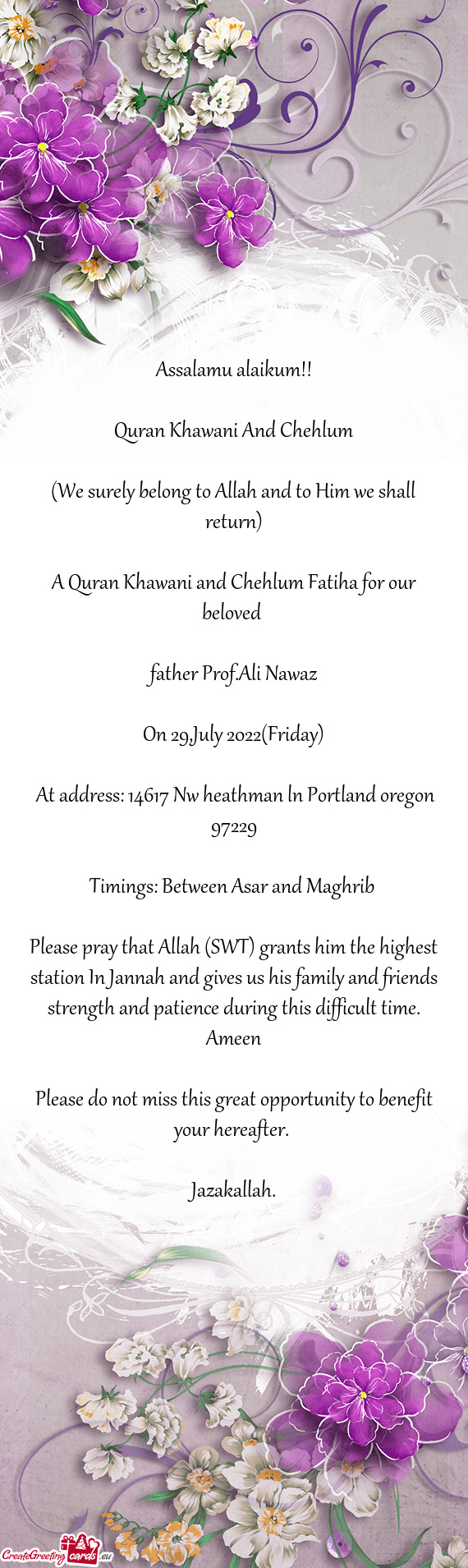 A Quran Khawani and Chehlum Fatiha for our beloved