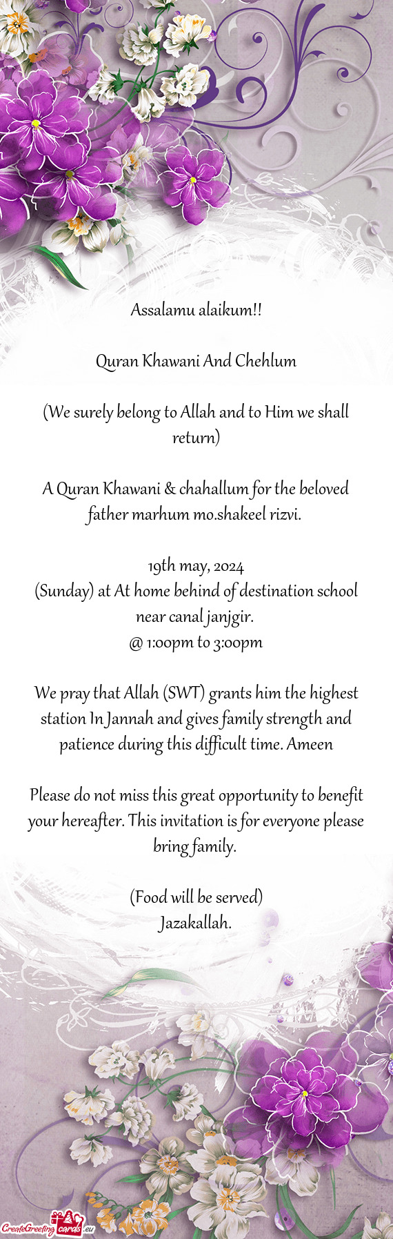 A Quran Khawani & chahallum for the beloved father marhum mo.shakeel rizvi