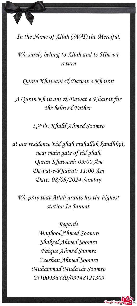 A Quran Khawani & Dawat-e-Khairat for the beloved Father