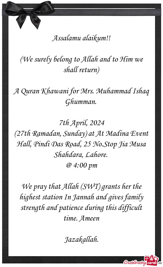 A Quran Khawani for Mrs. Muhammad Ishaq Ghumman