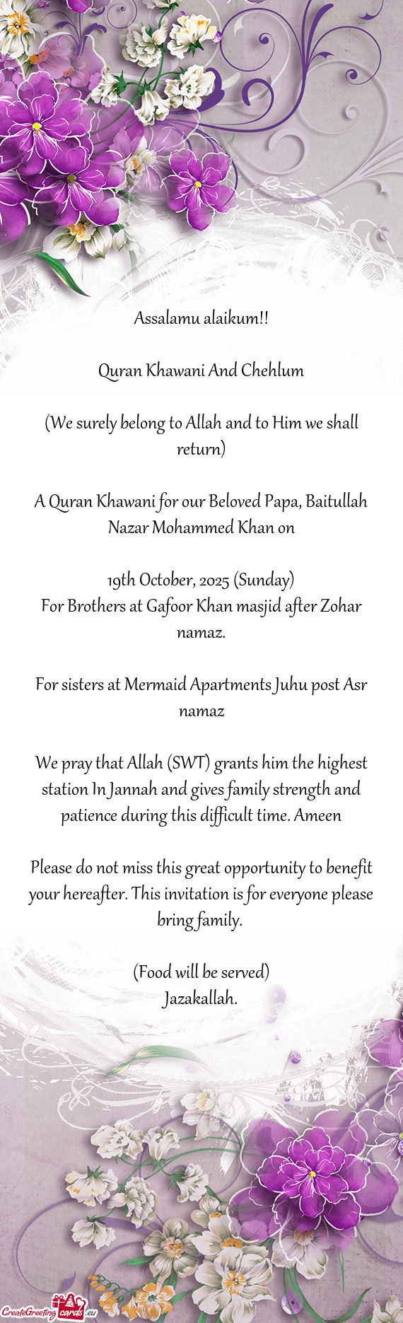 A Quran Khawani for our Beloved Papa, Baitullah Nazar Mohammed Khan on