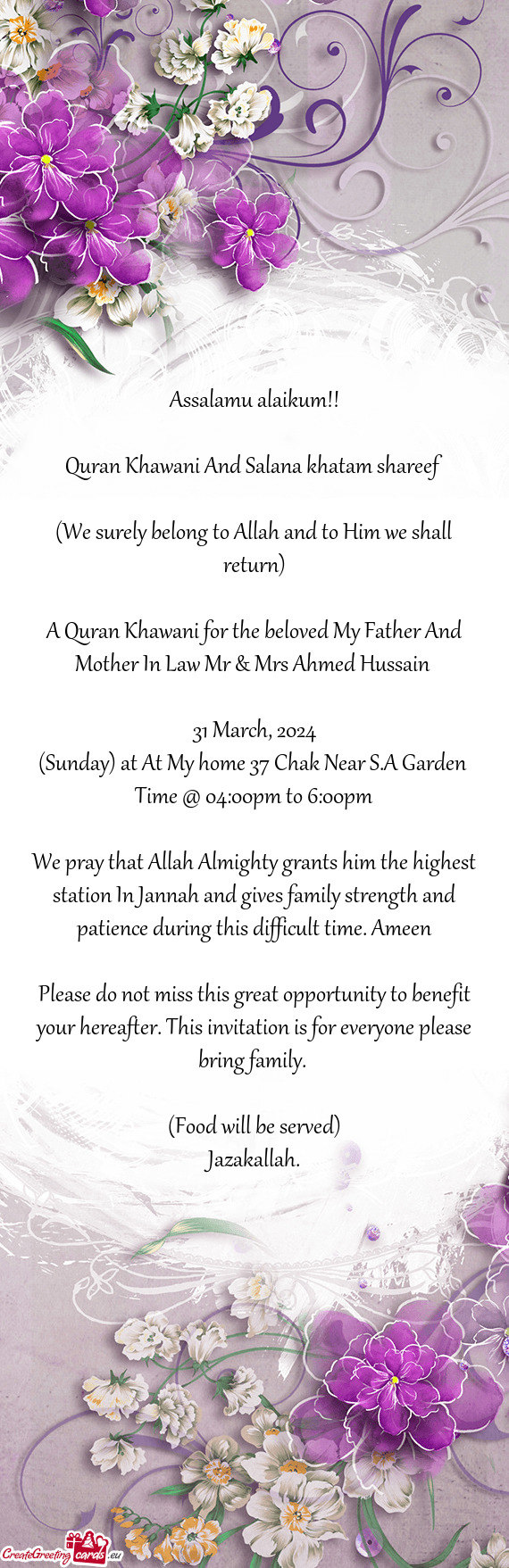 A Quran Khawani for the beloved My Father And Mother In Law Mr & Mrs Ahmed Hussain