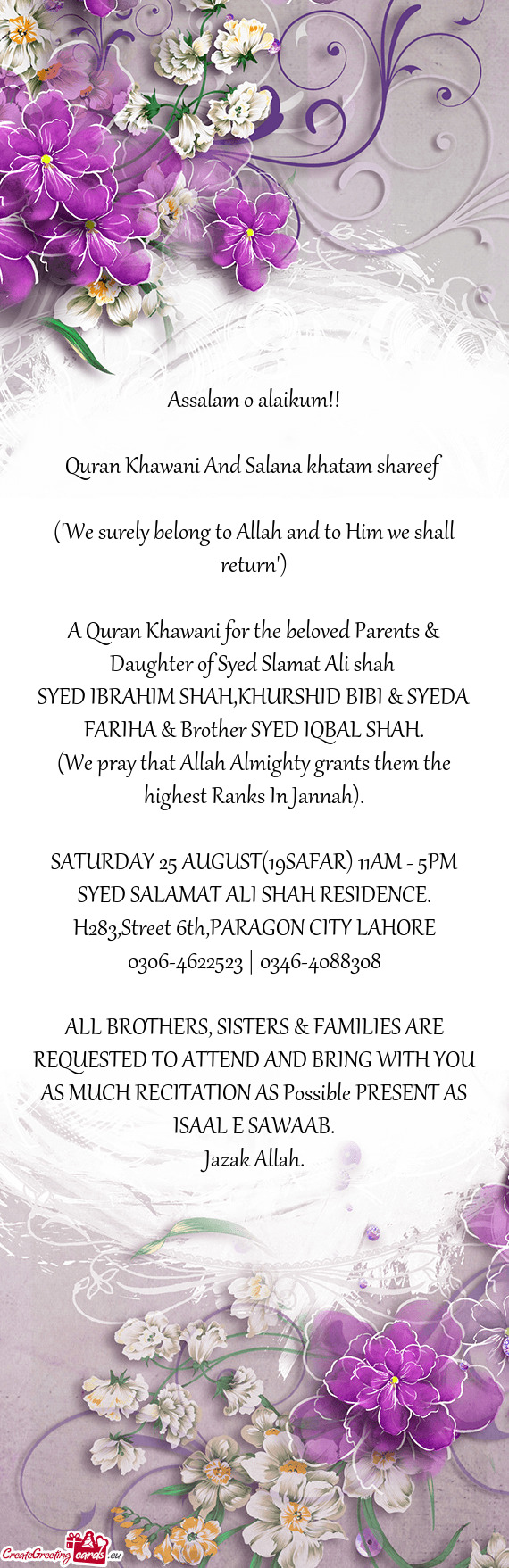 A Quran Khawani for the beloved Parents & Daughter of Syed Slamat Ali shah