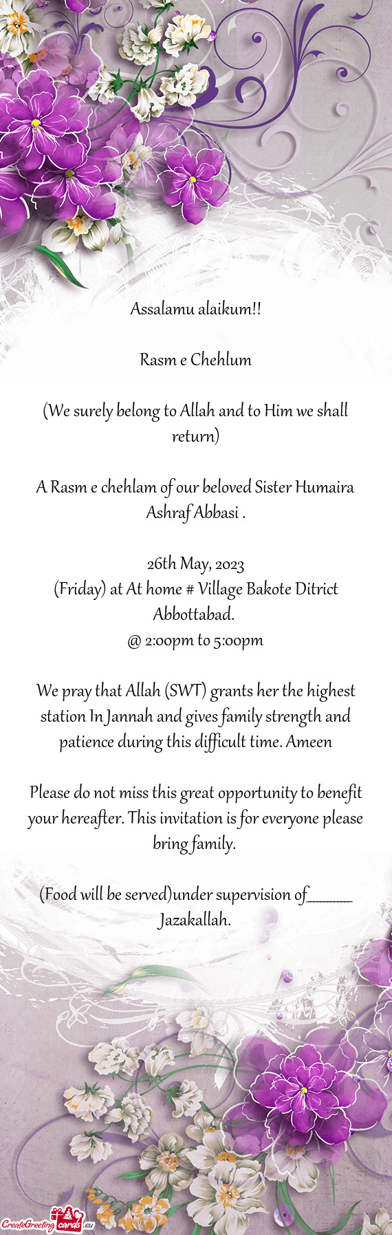 A Rasm e chehlam of our beloved Sister Humaira Ashraf Abbasi