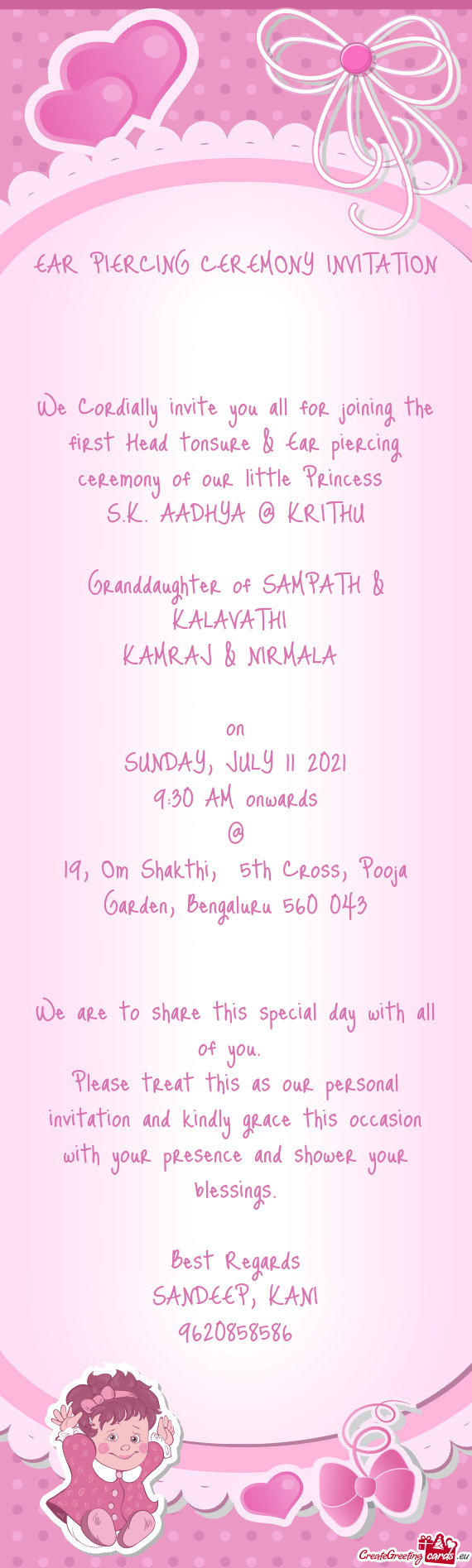 AADHYA @ KRITHU
 
 Granddaughter of SAMPATH & KALAVATHI 
 KAMRAJ & NIRMALA 
 
 on
 SUNDAY