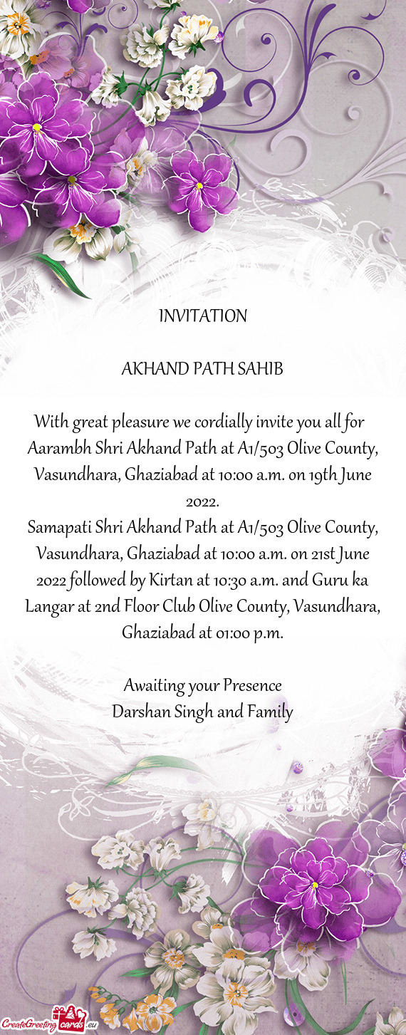 Aarambh Shri Akhand Path at A1/503 Olive County, Vasundhara, Ghaziabad at 10:00 a.m. on 19th June 20