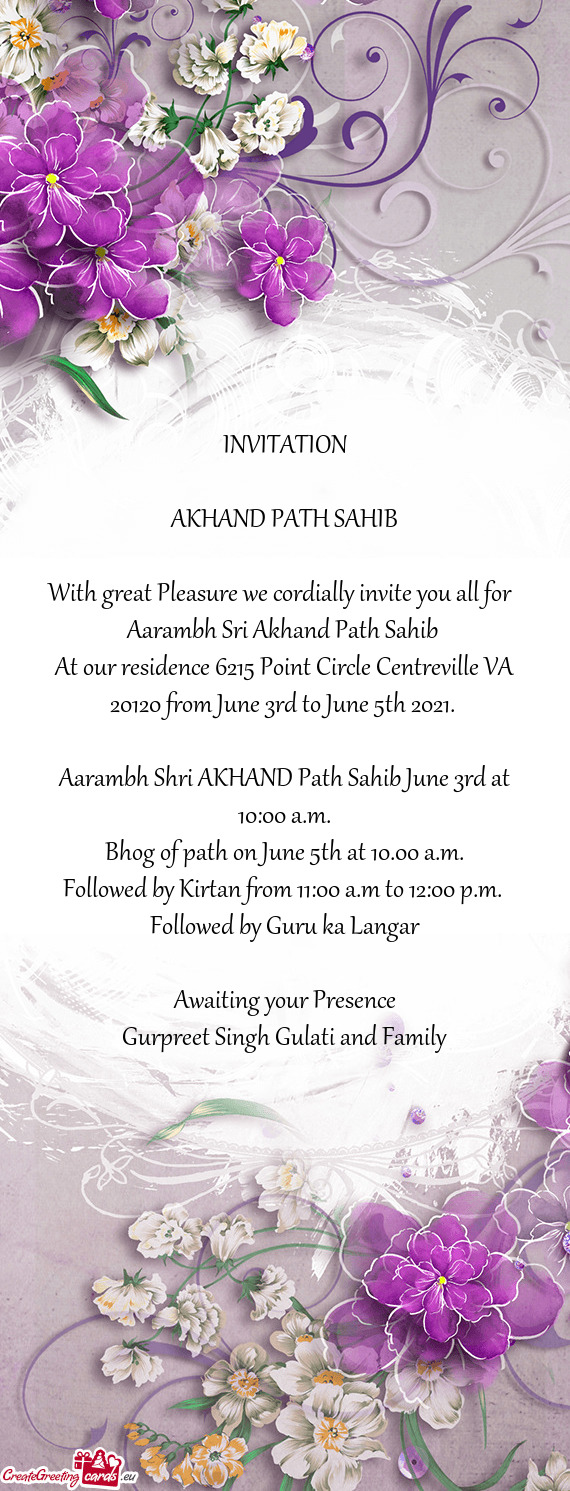 Aarambh Shri AKHAND Path Sahib June 3rd at 10:00 a.m