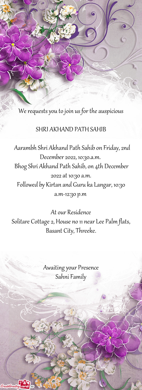 Aarambh Shri Akhand Path Sahib on Friday, 2nd December 2022, 10:30.a.m