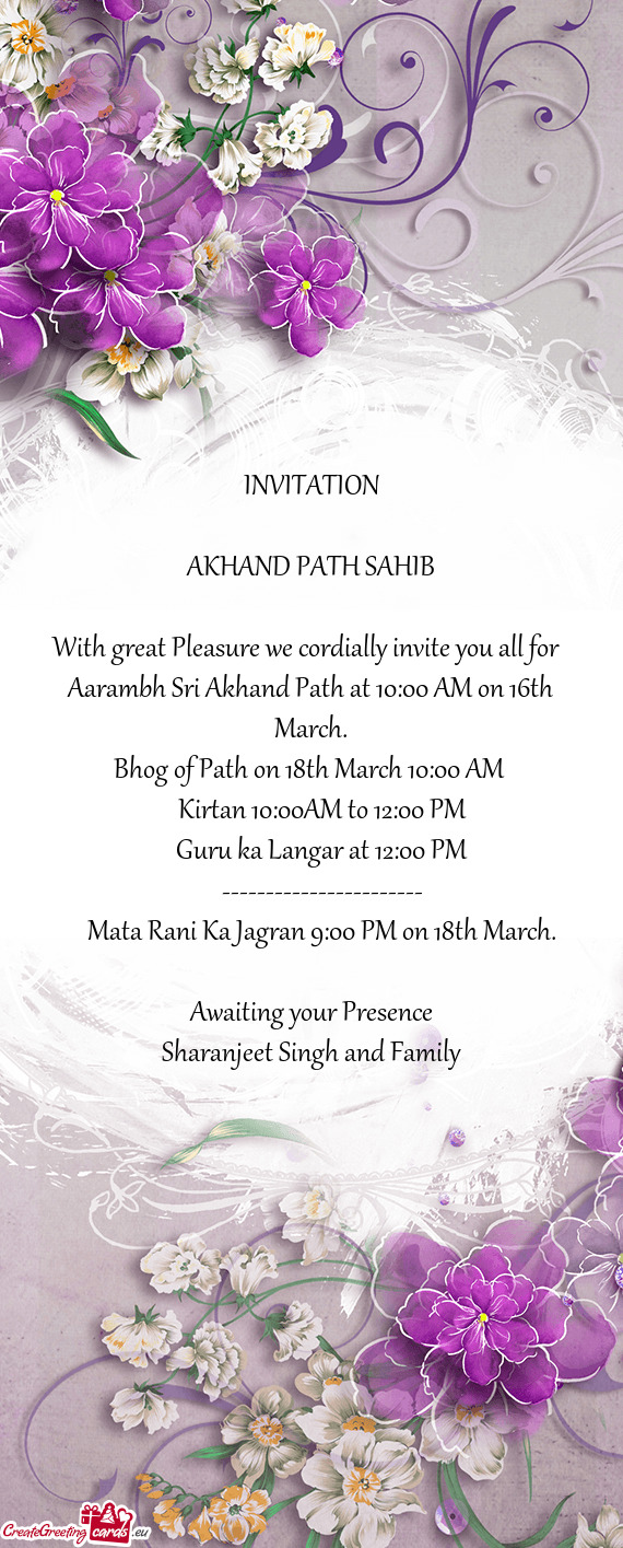 Aarambh Sri Akhand Path at 10:00 AM on 16th March