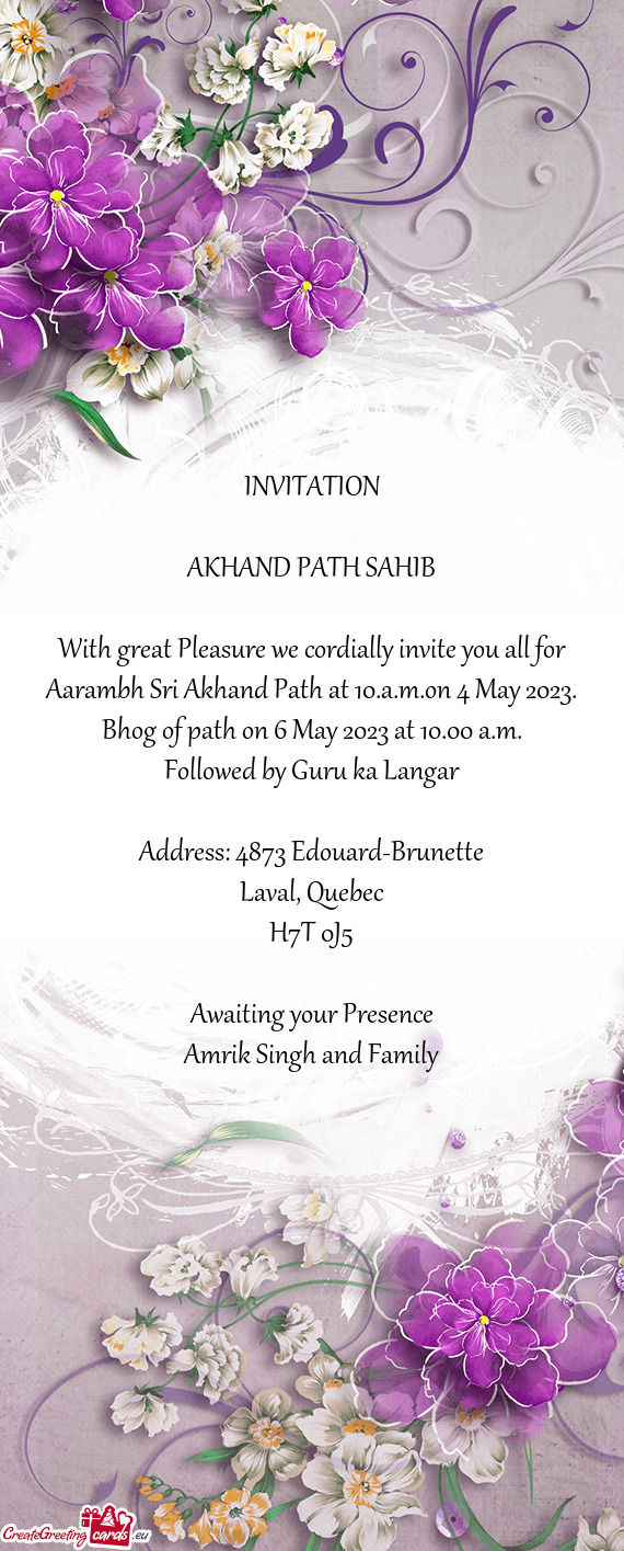 Aarambh Sri Akhand Path at 10.a.m.on 4 May 2023