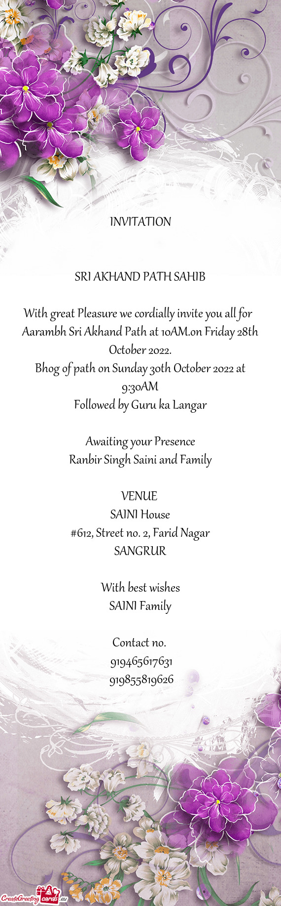 Aarambh Sri Akhand Path at 10AM.on Friday 28th October 2022