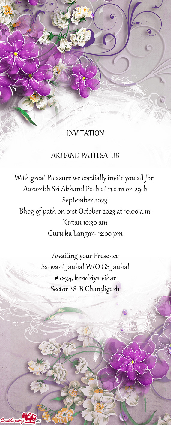 Aarambh Sri Akhand Path at 11.a.m.on 29th September 2023